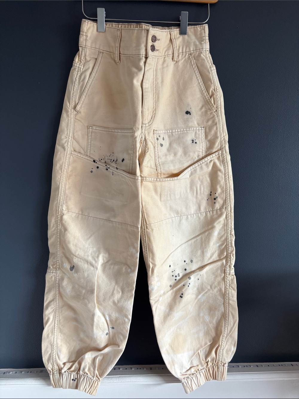BDG Beige Painter-Style Work Pants with Paint Splatters